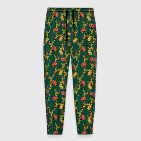 Мужские брюки 3D с принтом Красные и желтые цветы на зеленом фоне в Екатеринбурге, 100% полиэстер | манжеты по низу, эластичный пояс регулируется шнурком, по бокам два кармана без застежек, внутренняя часть кармана из мелкой сетки | 