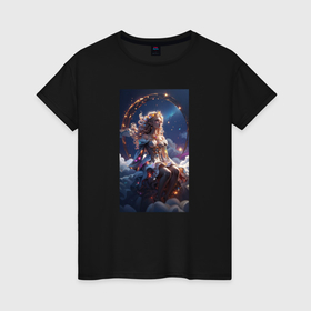 Женская футболка хлопок с принтом Аниме девушка ангел на облаке в Екатеринбурге, 100% хлопок | прямой крой, круглый вырез горловины, длина до линии бедер, слегка спущенное плечо | 