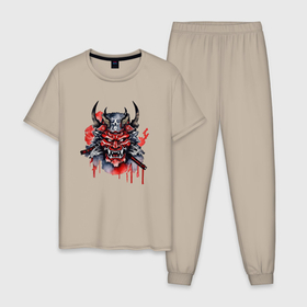 Мужская пижама хлопок с принтом Красная маска самурая в Белгороде, 100% хлопок | брюки и футболка прямого кроя, без карманов, на брюках мягкая резинка на поясе и по низу штанин
 | 