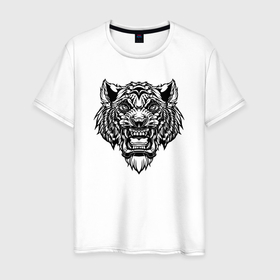 Мужская футболка хлопок с принтом Злобный тигр в Петрозаводске, 100% хлопок | прямой крой, круглый вырез горловины, длина до линии бедер, слегка спущенное плечо. | 