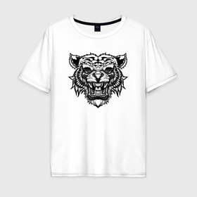 Мужская футболка хлопок Oversize с принтом Агрессивный тигр , 100% хлопок | свободный крой, круглый ворот, “спинка” длиннее передней части | Тематика изображения на принте: 