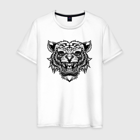 Мужская футболка хлопок с принтом Агрессивный тигр , 100% хлопок | прямой крой, круглый вырез горловины, длина до линии бедер, слегка спущенное плечо. | Тематика изображения на принте: 
