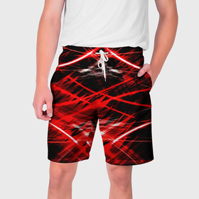 Мужские шорты 3D с принтом Красный лазер линии ,  полиэстер 100% | прямой крой, два кармана без застежек по бокам. Мягкая трикотажная резинка на поясе, внутри которой широкие завязки. Длина чуть выше колен | 