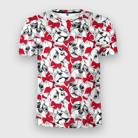 Мужская футболка 3D Slim с принтом Французские бульдоги с красными бабочками в Белгороде, 100% полиэстер с улучшенными характеристиками | приталенный силуэт, круглая горловина, широкие плечи, сужается к линии бедра | 