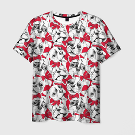 Мужская футболка 3D с принтом Французские бульдоги с красными бабочками в Белгороде, 100% полиэфир | прямой крой, круглый вырез горловины, длина до линии бедер | 
