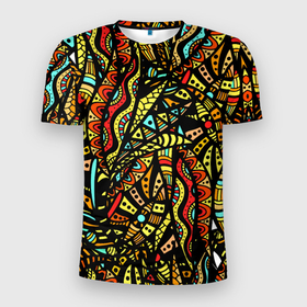 Мужская футболка 3D Slim с принтом Африканская живопись в Новосибирске, 100% полиэстер с улучшенными характеристиками | приталенный силуэт, круглая горловина, широкие плечи, сужается к линии бедра | 
