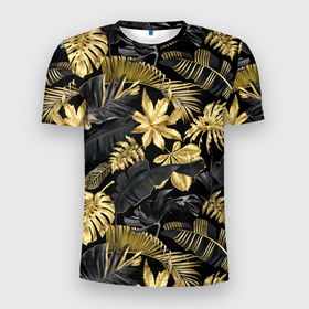 Мужская футболка 3D Slim с принтом Черно золотые джунгли в Белгороде, 100% полиэстер с улучшенными характеристиками | приталенный силуэт, круглая горловина, широкие плечи, сужается к линии бедра | 