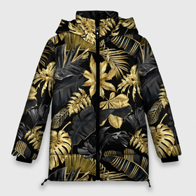 Женская зимняя куртка Oversize с принтом Черно золотые джунгли в Новосибирске, верх — 100% полиэстер; подкладка — 100% полиэстер; утеплитель — 100% полиэстер | длина ниже бедра, силуэт Оверсайз. Есть воротник-стойка, отстегивающийся капюшон и ветрозащитная планка. 

Боковые карманы с листочкой на кнопках и внутренний карман на молнии | 