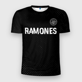 Мужская футболка 3D Slim с принтом Ramones glitch на темном фоне посередине в Петрозаводске, 100% полиэстер с улучшенными характеристиками | приталенный силуэт, круглая горловина, широкие плечи, сужается к линии бедра | Тематика изображения на принте: 