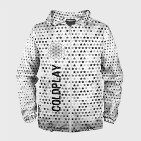 Мужская ветровка 3D с принтом Coldplay glitch на светлом фоне по вертикали в Санкт-Петербурге, 100% полиэстер | подол и капюшон оформлены резинкой с фиксаторами, два кармана без застежек по бокам, один потайной карман на груди | 