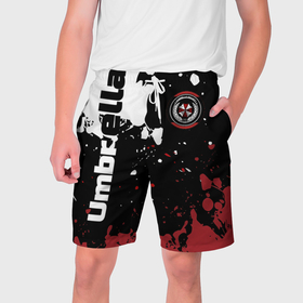 Мужские шорты 3D с принтом Umbrella Security на спортивном красно бело чёрном в Екатеринбурге,  полиэстер 100% | прямой крой, два кармана без застежек по бокам. Мягкая трикотажная резинка на поясе, внутри которой широкие завязки. Длина чуть выше колен | 