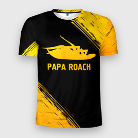 Мужская футболка 3D Slim с принтом Papa Roach   gold gradient в Курске, 100% полиэстер с улучшенными характеристиками | приталенный силуэт, круглая горловина, широкие плечи, сужается к линии бедра | 