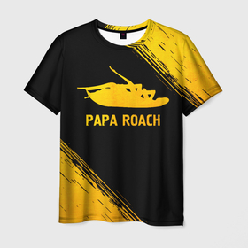 Мужская футболка 3D с принтом Papa Roach   gold gradient в Екатеринбурге, 100% полиэфир | прямой крой, круглый вырез горловины, длина до линии бедер | 