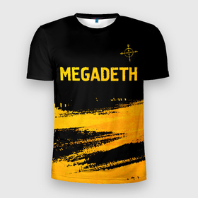 Мужская футболка 3D Slim с принтом Megadeth   gold gradient посередине в Белгороде, 100% полиэстер с улучшенными характеристиками | приталенный силуэт, круглая горловина, широкие плечи, сужается к линии бедра | 