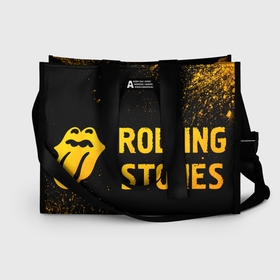 Сумка-шоппер 3D с принтом Rolling Stones   gold gradient по горизонтали в Белгороде, 100% полиэстер | застегивается на металлическую кнопку; внутренний карман застегивается на молнию. Стенки укреплены специальным мягким материалом, чтобы защитить содержимое от несильных ударов
 | 