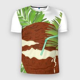 Мужская футболка 3D Slim с принтом Кокосы и листья в Белгороде, 100% полиэстер с улучшенными характеристиками | приталенный силуэт, круглая горловина, широкие плечи, сужается к линии бедра | Тематика изображения на принте: 