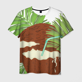 Мужская футболка 3D с принтом Кокосы и листья в Санкт-Петербурге, 100% полиэфир | прямой крой, круглый вырез горловины, длина до линии бедер | 