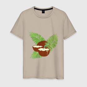 Мужская футболка хлопок с принтом Кокосы и листья , 100% хлопок | прямой крой, круглый вырез горловины, длина до линии бедер, слегка спущенное плечо. | Тематика изображения на принте: 