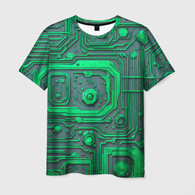 Мужская футболка 3D с принтом Неоновая плата с микросхемами и гайками в Белгороде, 100% полиэфир | прямой крой, круглый вырез горловины, длина до линии бедер | 