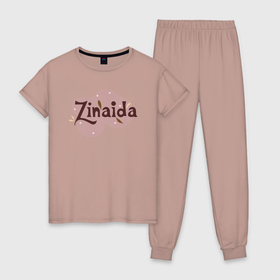Женская пижама хлопок с принтом Зинаида и листья в Санкт-Петербурге, 100% хлопок | брюки и футболка прямого кроя, без карманов, на брюках мягкая резинка на поясе и по низу штанин | 