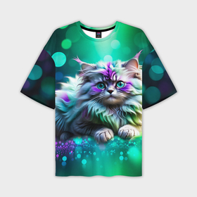 Мужская футболка oversize 3D с принтом Пушистый котенок в бирюзово  фиолетовом боке в Петрозаводске,  |  | Тематика изображения на принте: 
