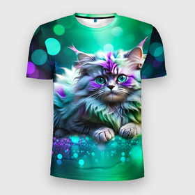 Мужская футболка 3D Slim с принтом Пушистый котенок в бирюзово  фиолетовом боке в Санкт-Петербурге, 100% полиэстер с улучшенными характеристиками | приталенный силуэт, круглая горловина, широкие плечи, сужается к линии бедра | 