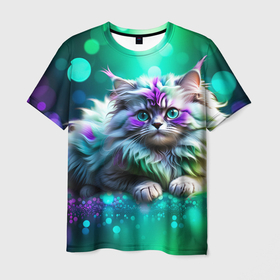 Мужская футболка 3D с принтом Пушистый котенок в бирюзово  фиолетовом боке в Петрозаводске, 100% полиэфир | прямой крой, круглый вырез горловины, длина до линии бедер | Тематика изображения на принте: 