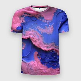 Мужская футболка 3D Slim с принтом Розовая пена на синей краске в Санкт-Петербурге, 100% полиэстер с улучшенными характеристиками | приталенный силуэт, круглая горловина, широкие плечи, сужается к линии бедра | 