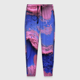 Мужские брюки 3D с принтом Розовая пена на синей краске в Санкт-Петербурге, 100% полиэстер | манжеты по низу, эластичный пояс регулируется шнурком, по бокам два кармана без застежек, внутренняя часть кармана из мелкой сетки | 