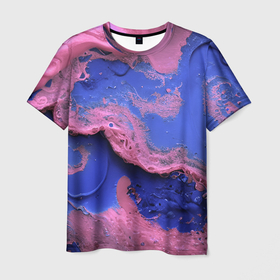 Мужская футболка 3D с принтом Розовая пена на синей краске в Санкт-Петербурге, 100% полиэфир | прямой крой, круглый вырез горловины, длина до линии бедер | 