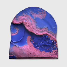 Шапка 3D с принтом Розовая пена на синей краске в Санкт-Петербурге, 100% полиэстер | универсальный размер, печать по всей поверхности изделия | 