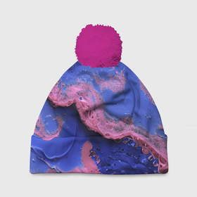 Шапка 3D c помпоном с принтом Розовая пена на синей краске в Санкт-Петербурге, 100% полиэстер | универсальный размер, печать по всей поверхности изделия | 