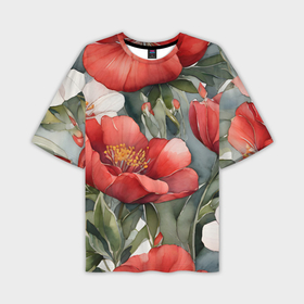 Мужская футболка oversize 3D с принтом Красные и белые акварельные цветы в Петрозаводске,  |  | 
