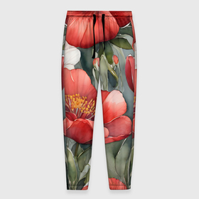 Мужские брюки 3D с принтом Красные и белые акварельные цветы в Петрозаводске, 100% полиэстер | манжеты по низу, эластичный пояс регулируется шнурком, по бокам два кармана без застежек, внутренняя часть кармана из мелкой сетки | Тематика изображения на принте: 