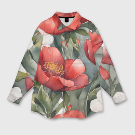 Мужская рубашка oversize 3D с принтом Красные и белые акварельные цветы ,  |  | Тематика изображения на принте: 