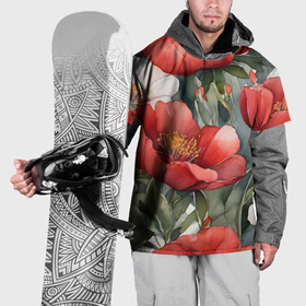 Накидка на куртку 3D с принтом Красные и белые акварельные цветы , 100% полиэстер |  | Тематика изображения на принте: 