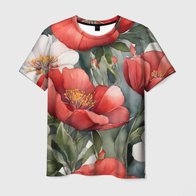 Мужская футболка 3D с принтом Красные и белые акварельные цветы в Петрозаводске, 100% полиэфир | прямой крой, круглый вырез горловины, длина до линии бедер | 