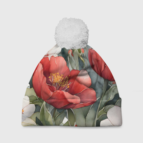 Шапка 3D c помпоном с принтом Красные и белые акварельные цветы в Тюмени, 100% полиэстер | универсальный размер, печать по всей поверхности изделия | Тематика изображения на принте: 