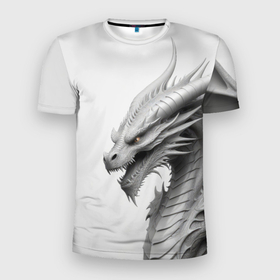 Мужская футболка 3D Slim с принтом Белый дракон минимализм в Петрозаводске, 100% полиэстер с улучшенными характеристиками | приталенный силуэт, круглая горловина, широкие плечи, сужается к линии бедра | 