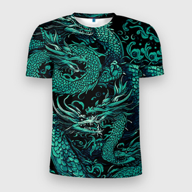 Мужская футболка 3D Slim с принтом Дракон бирюзового цвета в Курске, 100% полиэстер с улучшенными характеристиками | приталенный силуэт, круглая горловина, широкие плечи, сужается к линии бедра | 