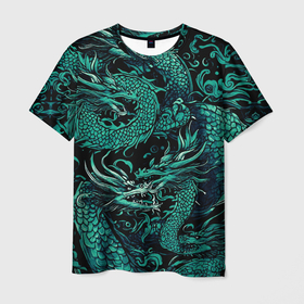 Мужская футболка 3D с принтом Дракон бирюзового цвета , 100% полиэфир | прямой крой, круглый вырез горловины, длина до линии бедер | 