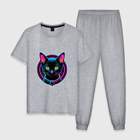 Мужская пижама хлопок с принтом Неоновый черный котенок в Петрозаводске, 100% хлопок | брюки и футболка прямого кроя, без карманов, на брюках мягкая резинка на поясе и по низу штанин
 | 