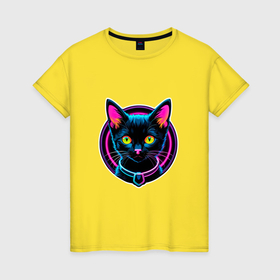 Женская футболка хлопок с принтом Неоновый черный котенок в Санкт-Петербурге, 100% хлопок | прямой крой, круглый вырез горловины, длина до линии бедер, слегка спущенное плечо | 
