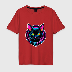 Мужская футболка хлопок Oversize с принтом Неоновый черный котенок в Екатеринбурге, 100% хлопок | свободный крой, круглый ворот, “спинка” длиннее передней части | 