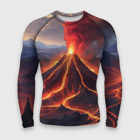Мужской рашгард 3D с принтом Пейзаж с извергающимся вулканом ,  |  | Тематика изображения на принте: 