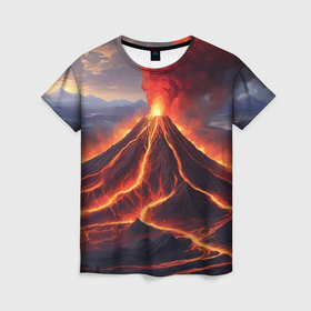 Женская футболка 3D с принтом Пейзаж с извергающимся вулканом , 100% полиэфир ( синтетическое хлопкоподобное полотно) | прямой крой, круглый вырез горловины, длина до линии бедер | Тематика изображения на принте: 