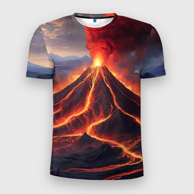Мужская футболка 3D Slim с принтом Пейзаж с извергающимся вулканом , 100% полиэстер с улучшенными характеристиками | приталенный силуэт, круглая горловина, широкие плечи, сужается к линии бедра | Тематика изображения на принте: 