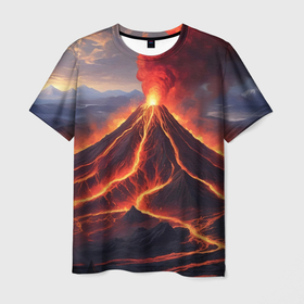 Мужская футболка 3D с принтом Пейзаж с извергающимся вулканом , 100% полиэфир | прямой крой, круглый вырез горловины, длина до линии бедер | Тематика изображения на принте: 