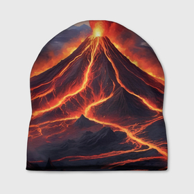 Шапка 3D с принтом Пейзаж с извергающимся вулканом , 100% полиэстер | универсальный размер, печать по всей поверхности изделия | Тематика изображения на принте: 