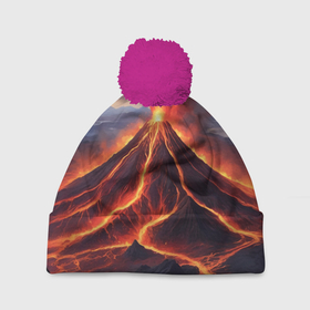 Шапка 3D c помпоном с принтом Пейзаж с извергающимся вулканом , 100% полиэстер | универсальный размер, печать по всей поверхности изделия | Тематика изображения на принте: 